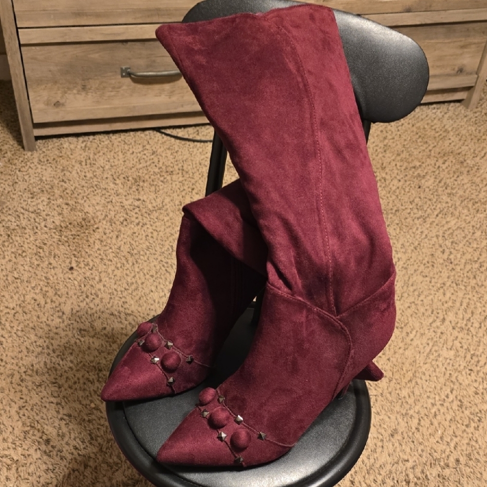 Yoki Knee High Burgundy Suede Heeled Boots
